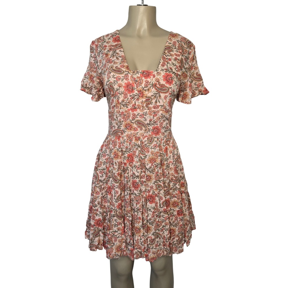 Patrons of Peace Dress Women M Pink Paisley Floral Mini Flutter Sleeve Bohemian